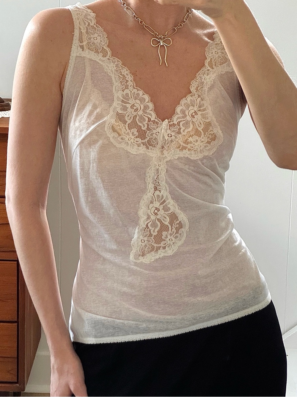 Vintage sheer lace camisole tank top white floral lingerie white 90s M/L